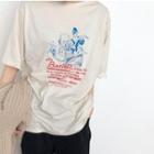 Elbow-sleeve Printed T-shirt As Shown In Figure - One Size