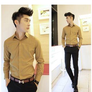 Long-sleeve Fly Placket Plain Shirt