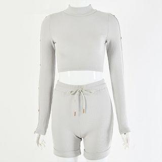 Set: Long Sleeve Button-accent Cropped Top + Shorts