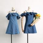 Ruffled Off-shoulder Denim A-line Dress