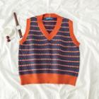 Contrast Trim V-neck Striped Knit Vest As Shown In Figure - One Size