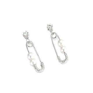 925 Sterling Silver Rhinestone Safety Pin Faux Pearl Dangle Earring 1 Pair - Es752 - 925 Silver - As Shown In Figure - One Size