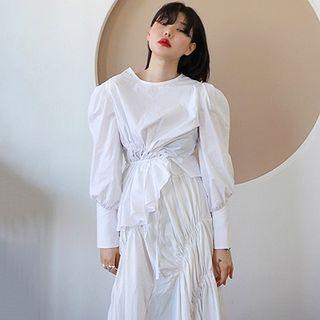 Long-sleeve Asymmetric Crinkled Top / A-line Midi Skirt