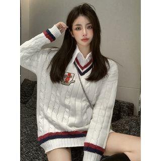 Striped Trim Sweater Striped - White - One Size