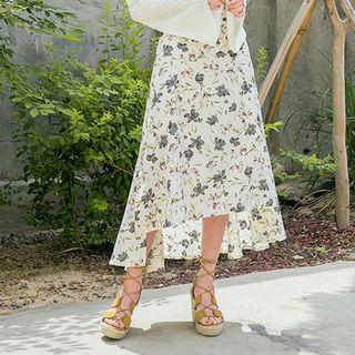 Dip-back Floral Chiffon A-line Long Skirt