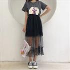 Set: Short-sleeve Printed T-shirt + Midi Sheer Skirt