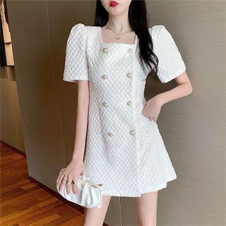 Short-sleeve Square-neck Double-breasted Mini A-line Dress