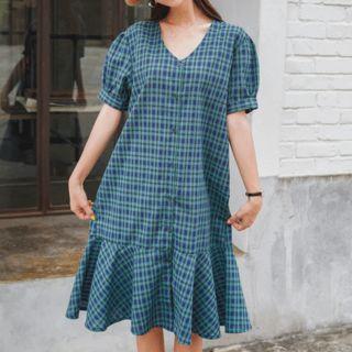 Puff-sleeve Ruffle-hem Plaid Dress