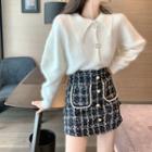 Long-sleeve Buttoned Fuzzy Knit Top / Tweed Mini Skirt