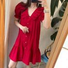 Short-sleeve Frill Trim Buttoned Mini Dress