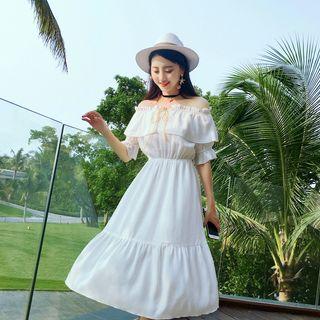 Short-sleeve Off-shoulder A-line Midi Dress