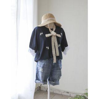 Puff-sleeve Flower Embroidered Top