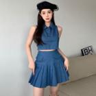 Denim Top With Arm Sleeves / Pleated Denim Skirt