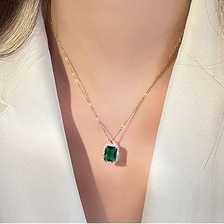 Rectangle Faux Crystal Pendant Stainless Steel Necklace Green Faux Crystal - Gold - One Size