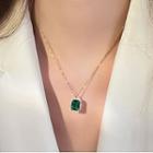 Rectangle Faux Crystal Pendant Stainless Steel Necklace Green Faux Crystal - Gold - One Size