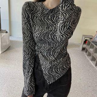 Long-sleeve Zebra Print T-shirt Zebra - Black & Gray - One Size