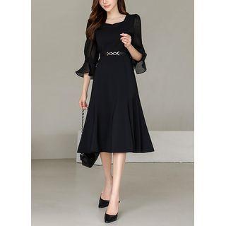 Sheer-sleeve Square-neck Midi Dress