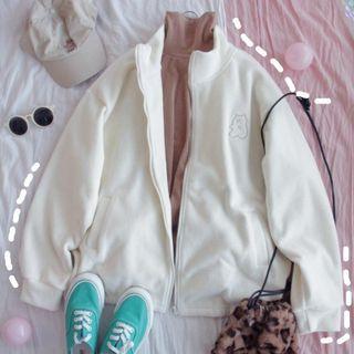 Bear Print Zip-up Fleece Jacket White - One Size