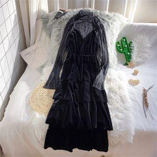 Set: Strappy Midi A-line Dress + Mock Neck Top