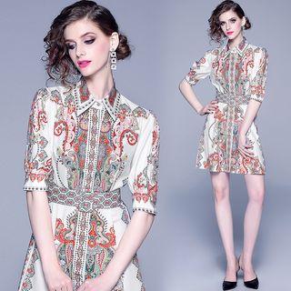 Printed Elbow-sleeve Mini Shirt Dress