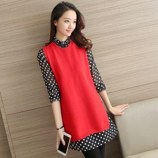 Set: 3/4-sleeve Dotted Sheer Dress + Knit Vest