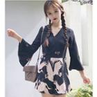 3/4-sleeve Printed Chiffon Playsuit