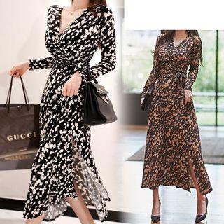 Patterned V-neck Sheath Slit Dress