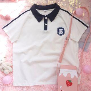 Color Block Short-sleeve Bear Embroidered Polo Shirt