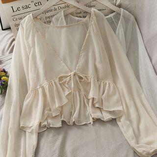 Tie-waist Ruffled Chiffon Cape Top