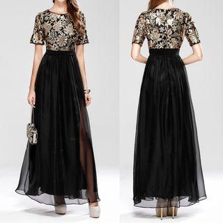 Slit-front Sequined Embroidered Evening Dress