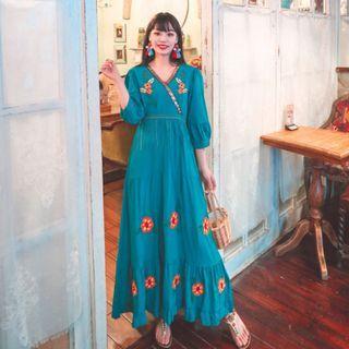 V-neck Flower Embroidered Maxi A-line Dress