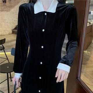 Long-sleeve Single Breast Velvet Dress