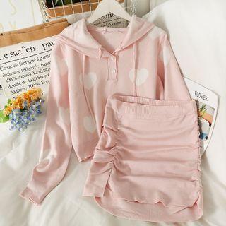 Set: Heart-print Hooded Crop Knit Top + Ruched Mini Skirt