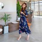 Floral Maxi Flare Dress Navy Blue - One Size