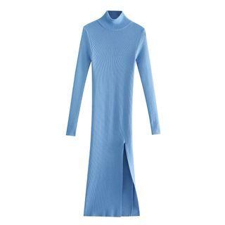 Mock-neck Slit Knit Midi Sheath Dress
