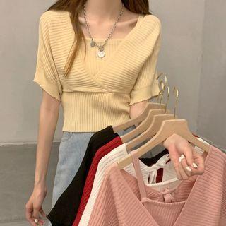 Inset Camisole Plain Short-sleeve Knit Top