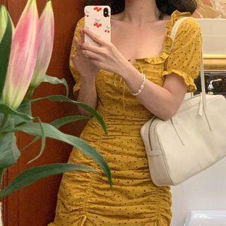 Short-sleeve Eyelet Lace Drawstring Mini Sheath Dress
