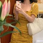 Short-sleeve Eyelet Lace Drawstring Mini Sheath Dress