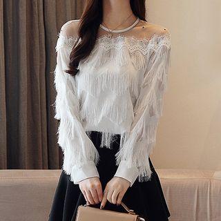 Long-sleeve Mesh Fringed Top