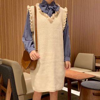 Tie-neck Shirt / Sleeveless Frill-trim Knit Dress