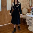 Lace Panel Collared Velvet A-line Dress