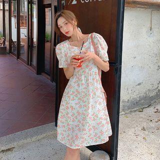 Short-sleeve Floral Bow Midi A-line Dress