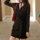 Long-sleeve Star Pattern Mesh Top With Choker / Ruffle Trim Mini A-line Skirt