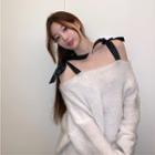Off Shoulder Bow Woolen Oversize Sweater