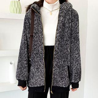 Hooded Long-sleeve Leopard Furry Cardigan