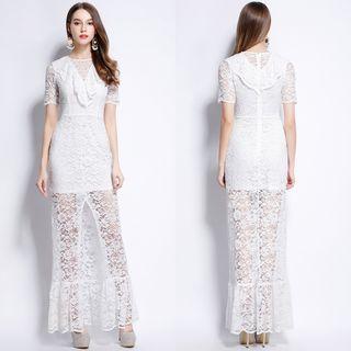 Slit-front Short Sleeve Lace Evening Gown