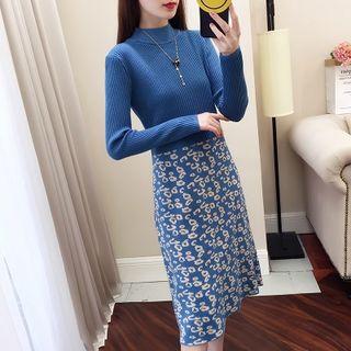 Long-sleeve Leopard Print Panel Knit Dress