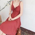 Plain V-neck Slim-fit Spaghetti Strap Dress