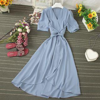 Puff-sleeve Tie-waist Midi Wrap Dress