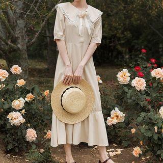 Short-sleeve Double-collar Crochet Trim Midi A-line Dress